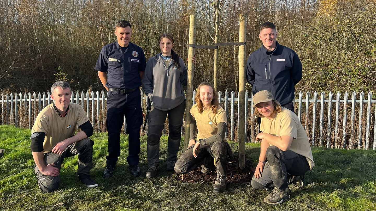 Group of six members of the City of Trees contractor team posing with newly-planted tree.