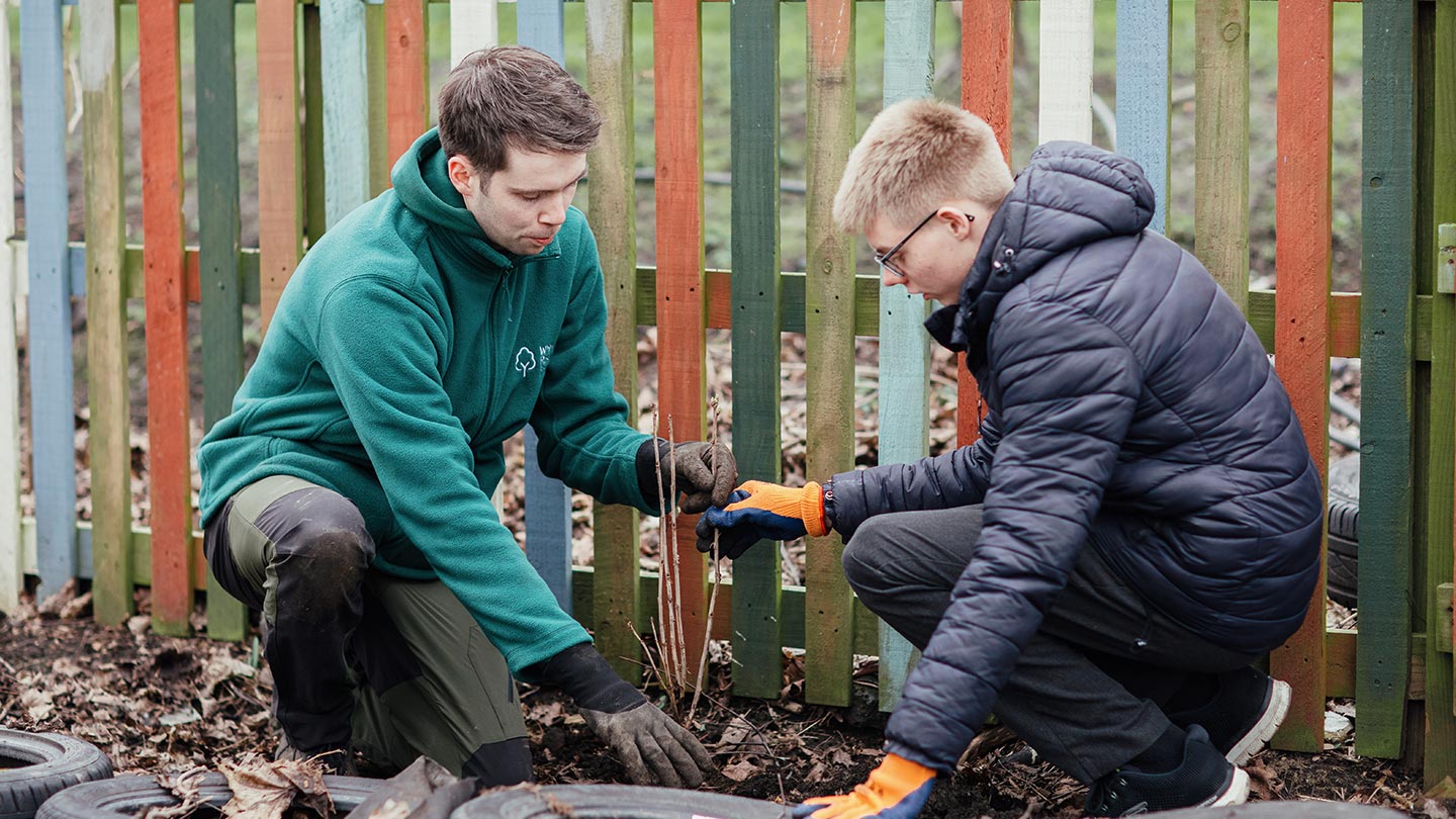 Adult helping school pupil plant a tree.