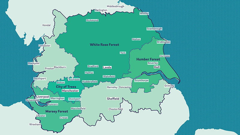 Map of the Northern Forest, showing the four Community Forest areas and major towns and cities.